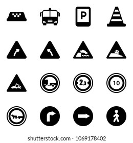 Solid vector icon set - taxi vector, airport bus, parking sign, road cone, turn right, left, embankment, steep roadside, car crash, no trailer, limited width, speed limit 10, cart horse, only