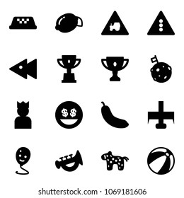Solid vector icon set - taxi vector, lemon, tractor way road sign, traffic light, fast backward, win cup, gold, moon flag, king, money smile, banana, milling cutter, balloon, horn toy, horse