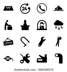 Solid vector icon set - taxi vector, 24 hours, phone, client bell, baby room, recieptionist, officer window, money rain, open, fretsaw, wrench, plumber, jack, screwdriver, stapler, allen key