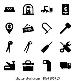 Solid vector icon set - taxi vector, officer window, fork loader, mobile payment, dollar pin, open, fretsaw, rubber hammer, plumber, screwdriver, wrench, stapler, tool box, allen key, truck toy
