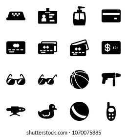 Solid vector icon set - taxi vector, identity, liquid soap, credit card, sunglasses, ball, drill machine, pipe welding, duck toy, phone