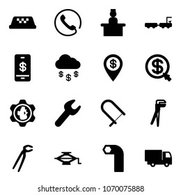 Solid vector icon set - taxi vector, phone, recieptionist, baggage truck, mobile payment, money rain, dollar pin, click, gear globe, wrench, fretsaw, plumber, jack, allen key, toy