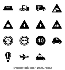 Solid vector icon set - taxi vector, fork loader, encashment car, embankment road sign, tunnel, intersection, for moto, limited distance, no overtake, minimal speed limit, air balloon, plane