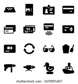 Solid vector icon set - taxi vector, coffee machine, identity, credit card, tap pay, refresh, sunglasses, bucket scoop, drill, pipe welding, toy duck, boat