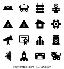 Solid vector icon set - taxi vector, airport bus, sign post, bank, intersection road, home, gear, telescope, certificate, arrows up, money bag, allen key set, rocket, toy piano, cat