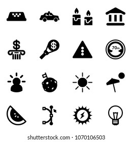 Solid vector icon set - taxi vector, safety car, candle, bank, money torch, traffic light road sign, limited distance, idea, moon flag, sun, beach, watermelone, bezier, power, bulb