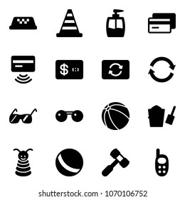 Solid vector icon set - taxi vector, road cone, liquid soap, credit card, tap pay, exchange, refresh, sunglasses, ball, bucket scoop, pyramid toy, hammer, phone