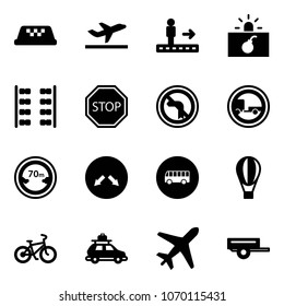 Solid vector icon set - taxi vector, departure, travolator, terrorism, plane seats, stop road sign, no left turn, trailer, limited distance, detour, bus, air balloon, bike, car baggage