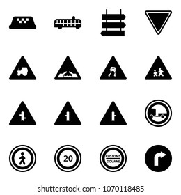 Solid vector icon set - taxi vector, airport bus, sign post, giving way road, tractor, drawbridge, slippery, children, intersection, no trailer, pedestrian, speed limit 20, customs, only right