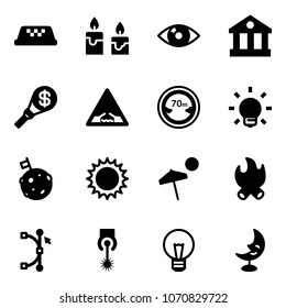 Solid vector icon set - taxi vector, candle, eye, bank, money torch, drawbridge road sign, limited distance, bulb, moon flag, sun, beach, fire, bezier, laser, lamp