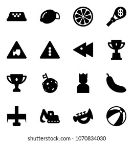 Solid vector icon set - taxi vector, lemon, slice, money torch, tractor way road sign, traffic light, fast backward, win cup, gold, moon flag, king, banana, milling cutter, excavator toy, horn