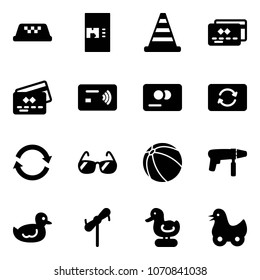 Solid vector icon set - taxi vector, coffee machine, road cone, credit card, tap pay, exchange, refresh, sunglasses, ball, drill, duck toy, windmill