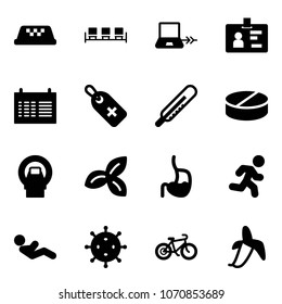 Solid vector icon set - taxi vector, waiting area, notebook connect, identity, schedule, medical label, thermometer, pill, mri, three leafs, stomach, run, abdominal muscles, virus, bike, banana