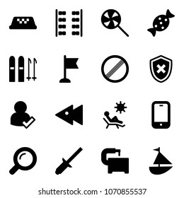 Solid vector icon set - taxi vector, plane seats, lollipop, candy, ski, flag, no limit road sign, shield cross, user check, fast backward, beach, mobile phone, magnifier, clinch, machine tool