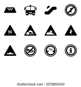 Solid vector icon set - taxi vector, airport bus, escalator up, no parkin odd, oncoming traffic road sign, embankment, steep roadside, intersection, artificial unevenness, horn, limited distance