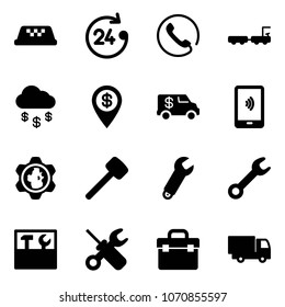 Solid vector icon set - taxi vector, 24 hours, phone, baggage truck, money rain, dollar pin, encashment car, mobile payment, gear globe, rubber hammer, wrench, tool box, screwdriver, toy