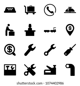 Solid vector icon set - taxi vector, baggage, phone, client bell, baby room, recieptionist, truck, dollar pin, money click, wrench, screwdriver, tool box, stapler, allen key