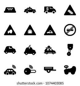 Solid vector icon set - taxi vector, safety car, encashment, multi lane traffic road sign, tractor way, tunnel, crash, end overtake limit, electric, baggage, piston, wireless, key, trailer, baby