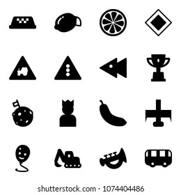 Solid vector icon set - taxi vector, lemon, slice, main road sign, tractor way, traffic light, fast backward, win cup, moon flag, king, banana, milling cutter, balloon smile, excavator toy, horn