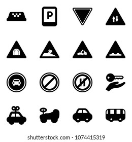 Solid vector icon set - taxi vector, parking sign, giving way road, oncoming traffic, tunnel, steep roadside, car crash, rough, no, even, key hand, toy, baby, bus