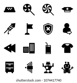 Solid vector icon set - taxi vector, lollipop, candy, firework rocket, flag, shield cross, user login, fast backward, building, drink, t shirt, tool cabinet, allen key set, robot