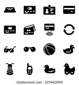 Solid vector icon set - taxi vector, credit card, identity, tap pay, refresh, sunglasses, ball, duck toy, pyramid, phone