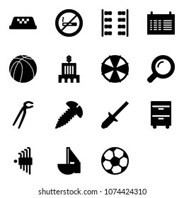 Solid vector icon set - taxi vector, no smoking sign, plane seats, schedule, basketball ball, bank building, parasol, magnifier, plumber, screw, clinch, tool cabinet, allen key set, sailboat toy