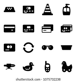 Solid vector icon set - taxi vector, credit card, road cone, liquid soap, refresh, sunglasses, basin, pipe welding, duck toy, phone