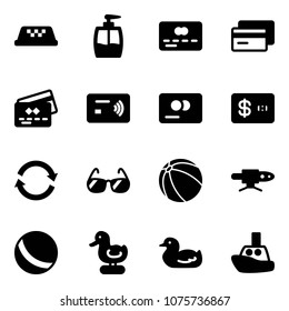 Solid vector icon set - taxi vector, liquid soap, credit card, tap pay, refresh, sunglasses, ball, pipe welding, toy duck, boat