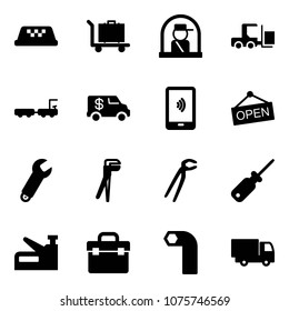 Solid vector icon set - taxi vector, baggage, officer window, fork loader, truck, encashment car, mobile payment, open, wrench, plumber, screwdriver, stapler, tool box, allen key, toy