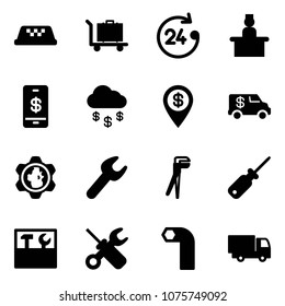 Solid vector icon set - taxi vector, baggage, 24 hours, recieptionist, mobile payment, money rain, dollar pin, encashment car, gear globe, wrench, plumber, screwdriver, tool box, allen key