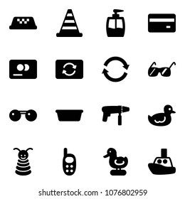 Solid vector icon set - taxi vector, road cone, liquid soap, credit card, exchange, refresh, sunglasses, basin, drill machine, duck toy, pyramid, phone, boat