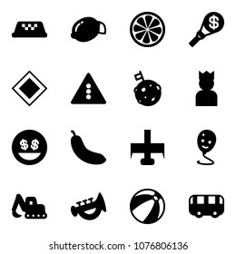Solid vector icon set - taxi vector, lemon, slice, money torch, main road sign, traffic light, moon flag, king, smile, banana, milling cutter, balloon, excavator toy, horn, beach ball, bus