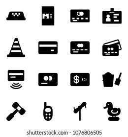 Solid vector icon set - taxi vector, coffee machine, credit card, identity, road cone, tap pay, bucket scoop, toy hammer, phone, windmill, duck