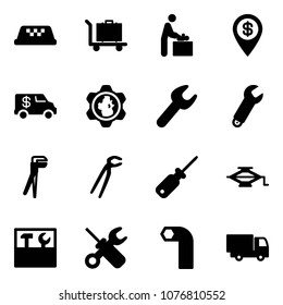 Solid vector icon set - taxi vector, baggage, baby room, dollar pin, encashment car, gear globe, wrench, plumber, screwdriver, jack, tool box, allen key, truck toy