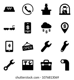 Solid vector icon set - taxi vector, phone, recieptionist, officer window, baggage truck, mobile payment, money rain, dollar pin, open, wrench, tool box, allen key