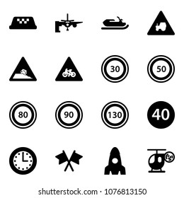 Solid vector icon set - taxi vector, boarding passengers, snowmobile, tractor way road sign, steep roadside, for moto, speed limit 30, 50, 80, 90, 130, minimal, time, flags cross, rocket