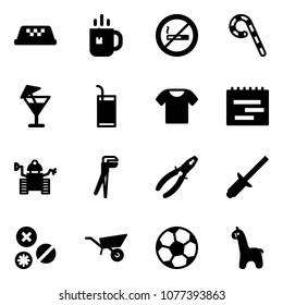 Solid vector icon set - taxi vector, tea, no smoking sign, lollipop, drink, t shirt, terms plan, robot, plumber, pliers, clinch, rivet, wheelbarrow, soccer ball, toy giraffe