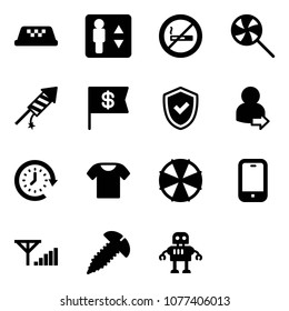 Solid vector icon set - taxi vector, elevator, no smoking sign, lollipop, firework rocket, dollar flag, shield check, user login, clock around, t shirt, parasol, mobile phone, fine signal, screw