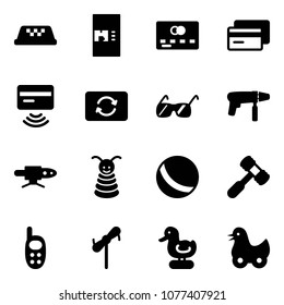 Solid vector icon set - taxi vector, coffee machine, credit card, tap pay, exchange, sunglasses, drill, pipe welding, pyramid toy, ball, hammer, phone, windmill, duck