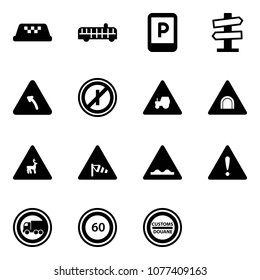 Solid vector icon set - taxi vector, airport bus, parking sign, road signpost, turn left, no parkin odd, tractor way, tunnel, wild animals, side wind, rough, attention, truck, speed limit 60
