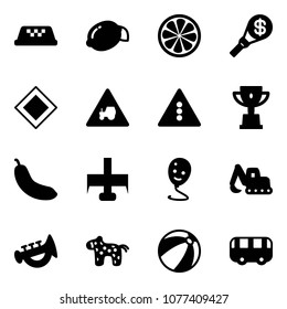 Solid vector icon set - taxi vector, lemon, slice, money torch, main road sign, tractor way, traffic light, win cup, banana, milling cutter, balloon smile, excavator toy, horn, horse, beach ball