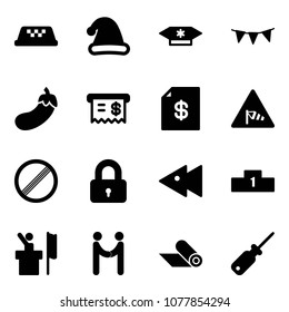 Solid vector icon set - taxi vector, christmas hat, candy, flag garland, eggplant, receipt, account statement, side wind road sign, no limit, locked, fast backward, pedestal, speaker, agreement, mat