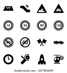 Solid vector icon set - taxi vector, escalator down, steep roadside road sign, for moto, speed limit 10, 50, 80, 130, end minimal, flags cross, cabrio, clock, Angular grinder, rocket, helicopter toy