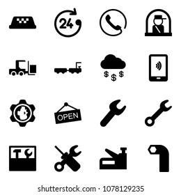 Solid vector icon set - taxi vector, 24 hours, phone, officer window, fork loader, baggage truck, money rain, mobile payment, gear globe, open, wrench, tool box, screwdriver, stapler, allen key