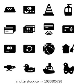 Solid vector icon set - taxi vector, credit card, road cone, liquid soap, tap pay, exchange, ball, bucket scoop, pipe welding, toy duck, boat