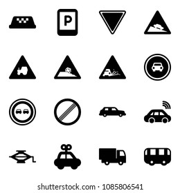 Solid vector icon set - taxi vector, parking sign, giving way road, steep descent, tractor, roadside, gravel, no car, overtake, limit, limousine, wireless, jack, toy, truck, bus