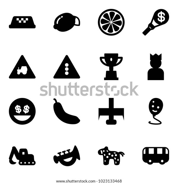 Solid
vector icon set - taxi vector, lemon, slice, money torch, tractor
way road sign, traffic light, win cup, king, smile, banana, milling
cutter, balloon, excavator toy, horn, horse,
bus