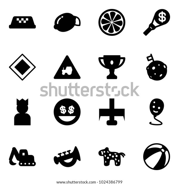 Solid vector icon set - taxi vector, lemon, slice,
money torch, main road sign, tractor way, gold cup, moon flag,
king, smile, milling cutter, balloon, excavator toy, horn, horse,
beach ball