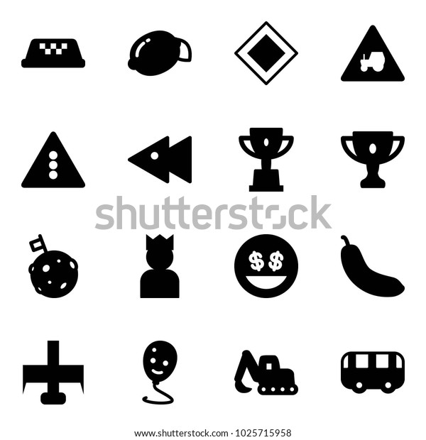 Solid vector icon set - taxi vector, lemon, main road\
sign, tractor way, traffic light, fast backward, win cup, gold,\
moon flag, king, money smile, banana, milling cutter, balloon,\
excavator toy